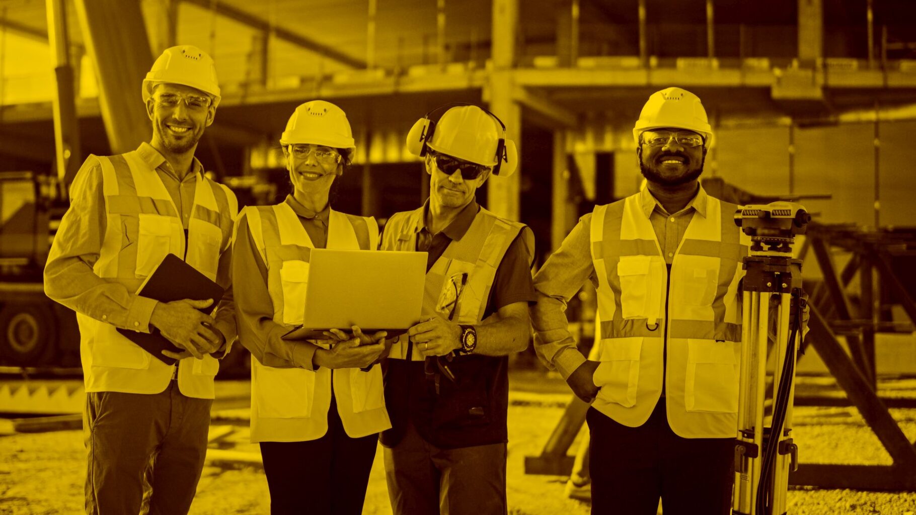 Mehrere Handwerkerin und Handwerker auf einer Baustelle mit Laptop in der Hand